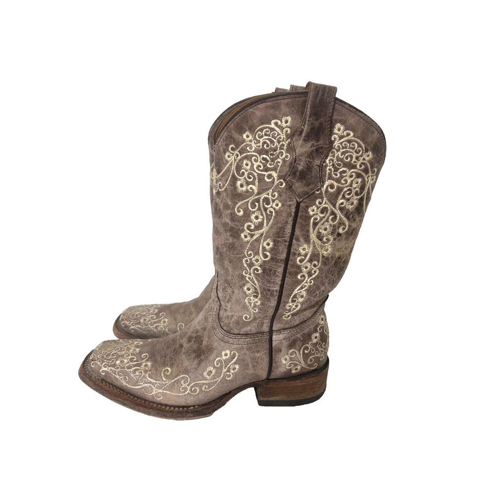 Corral Teens Brown Floral Embroidered Leather Snip Toe Western Boots Size 3.5